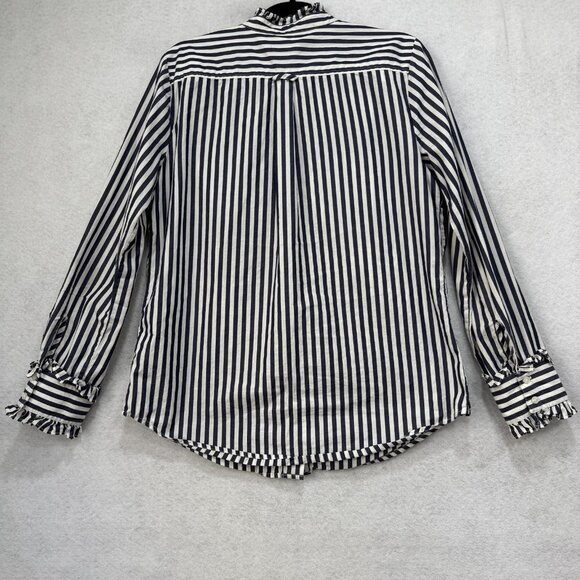 J Crew Shirt Womens Small Navy White Stripe Ruffle Trim Band Collar Long Sleeve - Picture 7 of 9